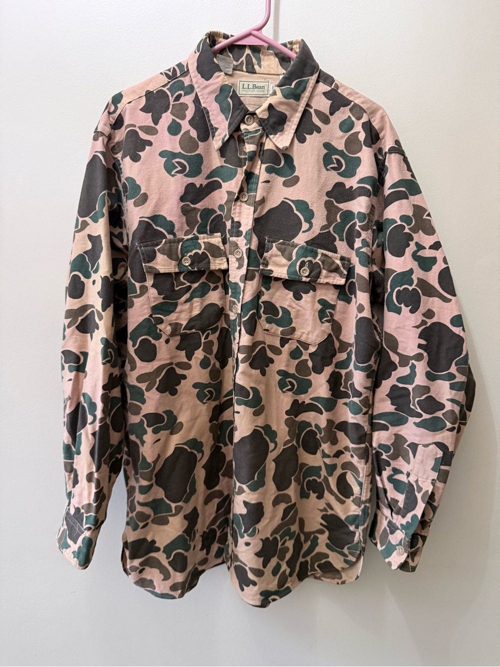 Vintage 80s LL Bean Chamois Cotton Duck Camo Shirt Woodsy Gorpcore 17 1/2 Long